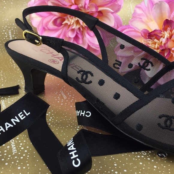 Chanel Black Mesh Logo No 5 Kitten Heels RARE - Picture 2 of 8